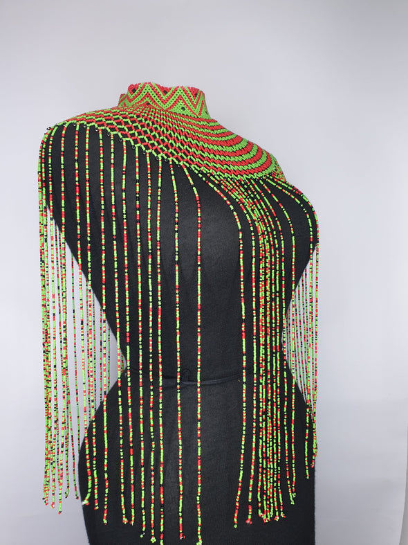 Beaded Maasai Cape with Tassle Green and Red